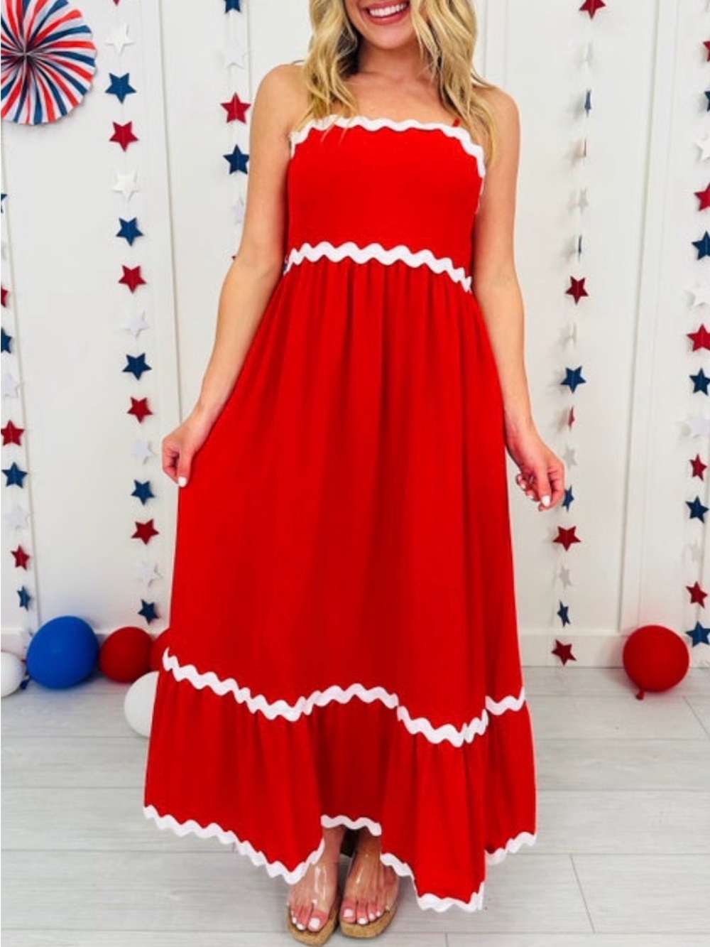 Red Maxi Dress with White Ric Rac Trim - Picture 2 of 2